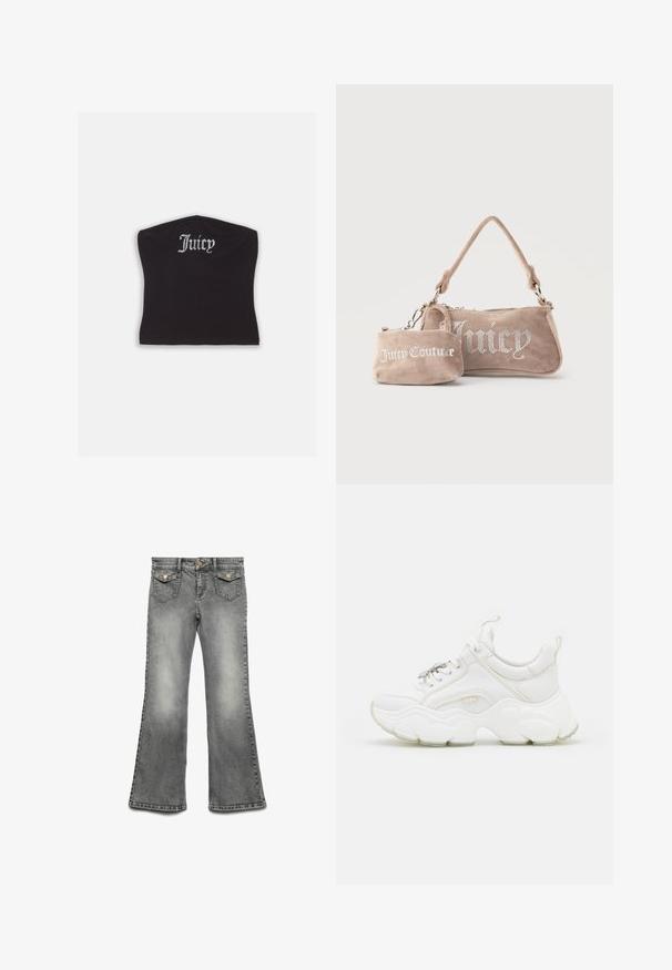 Sort tætsiddende crop top med en glat tekstur og en buet halsudskæring, udsmykket med rhinestones, der staver "Juicy" på forsiden.; Grå denim jeans med flared ben featuring et falmet vask, fem lomme-design og kontrasterende guldfarvet hardware. Lige talje med knaplukning.; Hvide chunky sneakers lavet af læder og mesh-materialer, med en tyk sål, rund tå og dekorative snørebånd. Let teksturerede detaljer.; To beige ruskind Juicy Couture-tasker, den ene en lille håndledsmappe med logo, den anden en skuldertaske med rhinsten "Juicy" tekst.