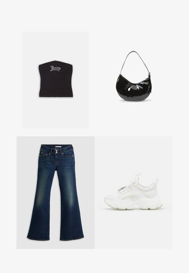 Zwarte fitted crop top met een gladde textuur en een ronde halslijn, versierd met strasstenen letters die "Juicy" op de voorkant spellen.; Donkerblauwe spijkerbroek met superlage flare, voorzien van voor- en achterzakken, dubbele knoopsluiting en vervaagde details op de bovenbenen en knieën.; Witte chunky sneakers van leer en mesh-materialen, met een dikke zool, ronde neus en decoratieve veters. Licht gemêleerde accenten.; Zwarte gepatineerde leren handtas met een gebogen vorm, enkele schouderriem, ritssluiting en een decoratieve metalen logo. Gladde textuur.
