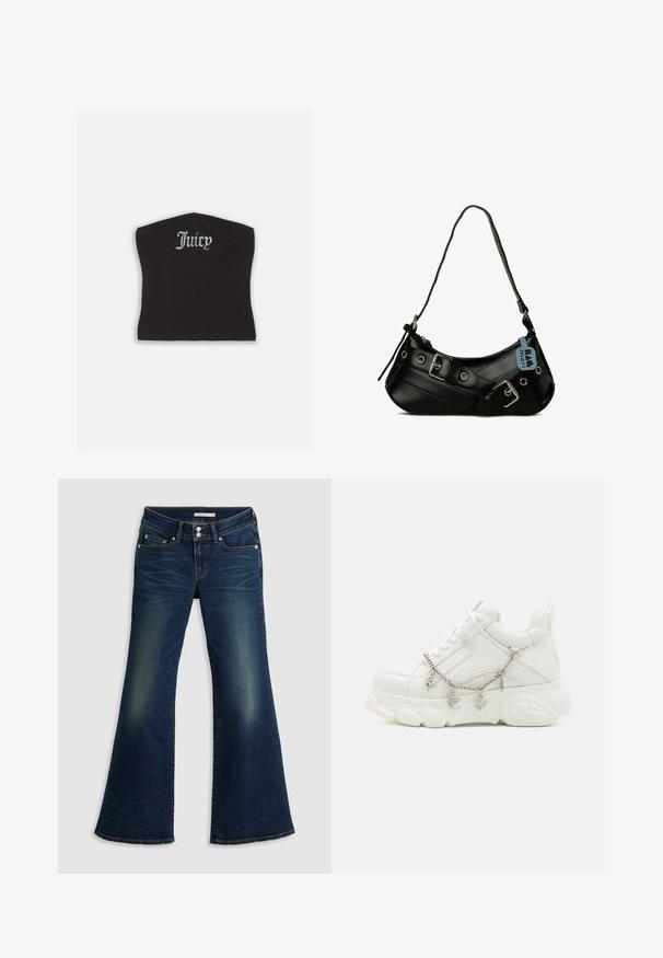 Top court noir ajusté avec une texture lisse et un décolleté arrondi, orné de lettres en strass épelant "Juicy" à l'avant.; Jean flare super bas en denim bleu foncé avec poches avant et arrière, fermeture à double bouton et détails décolorés sur les cuisses et les genoux.; Baskets blanches avec une semelle épaisse, tige en cuir texturé et chaîne en métal décorative avec des breloques. Dispose d'un système de laçage et d'un col rembourré.; Sac à main synthétique noir avec une forme courbée, une bandoulière réglable et des boucles décoratives en métal. Présente une texture lisse et brillante.