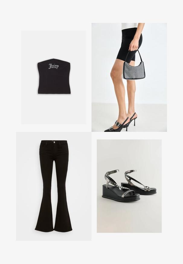 Sort tætsiddende crop top med en glat tekstur og en buet halsudskæring, udsmykket med rhinestones, der staver "Juicy" på forsiden.; Sorte højtaljede flare jeans med frontknap, bæltestropper og fem lommer, præsenteret på en hvid baggrund.; Sorte kile-sandaler med metalliske stropper og cirkulære udskæringer. Glat læderoverflade med hvide syninger.; Sort perlehandtaske med en buet silhuet, bærehåndtag og blank overflade. Båret med højhælede sorte sko og tætsiddende sorte shorts.