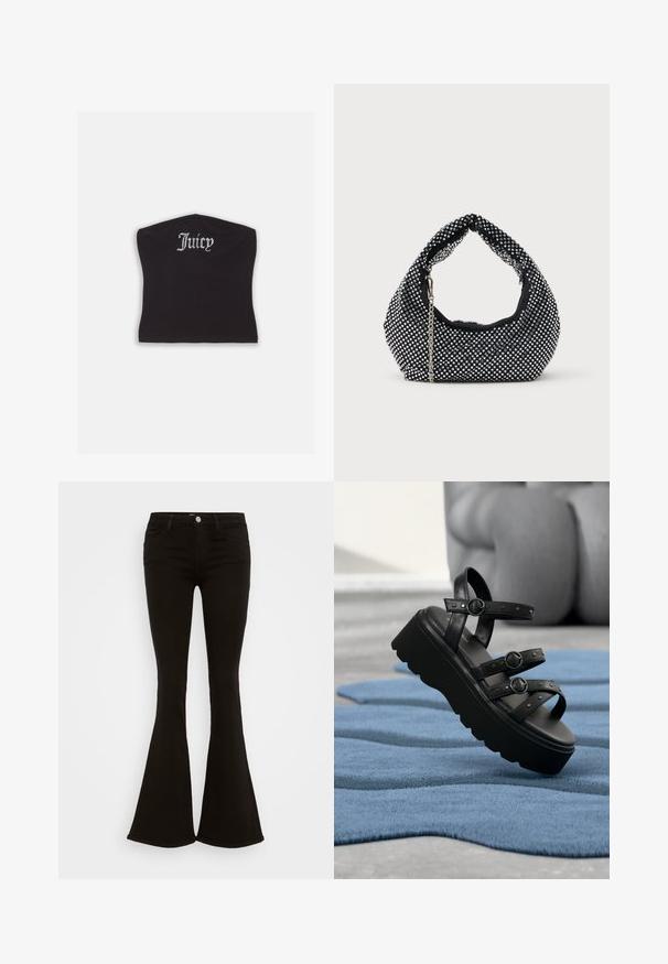 Čierny priliehavý crop top s hladkou textúrou a zakriveným výstrihom, ozdobený kamienkovým nápisom "Juicy" na prednej strane.; Čierne nohavice s vysokým pásom a rozšírenými nohavicami, s predným gombíkom, pútkami na opasok a piatimi vreckami, na bielom pozadí.; Čierna platformová sandála s troma nastaviteľnými remienkami so sponami, položená na modrom koberci s textúrou, na rozmazanom pozadí.; Čierna sieťovaná kabelka zdobená striebornými nitmi, s obľúbenou rukoväťou a reťazovou popruhom. Mäkká textura s zaobleným tvarom.