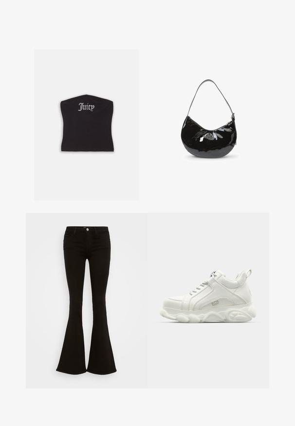 Sort tætsiddende crop top med en glat tekstur og en buet halsudskæring, udsmykket med rhinestones, der staver "Juicy" på forsiden.; Sorte højtaljede flare jeans med frontknap, bæltestropper og fem lommer, præsenteret på en hvid baggrund.; Hvide atletiske sneakers med en glat læderoverdel, rund sål og tekstureret accent. Har snørebånd og en slippe-strop bagpå.; Sort patentlæder håndtaske med en buet form, enkelt skulderrem, lynlåslukning og et dekorativt metal logo. Glat tekstur.