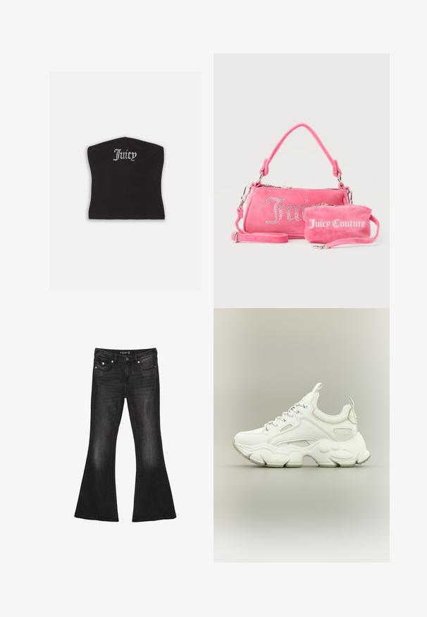Sort tætsiddende crop top med en glat tekstur og en buet halsudskæring, udsmykket med rhinestones, der staver "Juicy" på forsiden.; Sorte denim flare jeans med mid-waist, der har fem lommer, kontrasterende syninger og hardware i sølvfarve.; Hvid chunky sneaker med tyk struktureret sål, mesh- og læderoverdel, snørelukning og trækstropper på tunge og hæl.; To lyserøde Juicy Couture-tasker, den ene større med krystalfarvet skrift og et håndtag, den anden mindre med hvid skrift og en håndledsrem, på en grå baggrund.