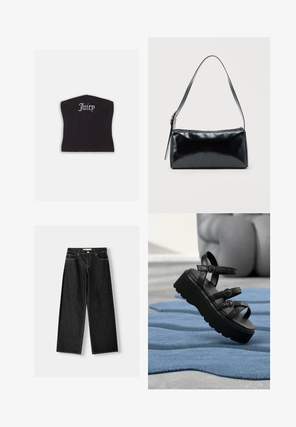 Sort tætsiddende crop top med en glat tekstur og en buet halsudskæring, udsmykket med rhinestones, der staver "Juicy" på forsiden.; Sorte denim bukser med bred ben, der har fem lommer, metalknap og lynlås lukning samt kontrasterende gul syning langs sømmene.; Sort platform-sandal med tre justerbare remme med spænder, placeret på en tekstureret blå tæppe med sløret baggrund.; Sort rektangulær skuldertaske med en enkelt justerbar rem og lynlås i toppen på en ensfarvet baggrund.