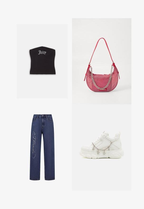 Sort tætsiddende crop top med en glat tekstur og en buet halsudskæring, udsmykket med rhinestones, der staver "Juicy" på forsiden.; Mørkeblå denim jeans med løs pasform, der har dekorative sølv rhinsten, som danner teksten "Ed Hardy" langs venstre ben.; Hvide sneakers med en kraftig sål, tekstureret læderoverdel og dekorativ metal kæde med charms. Har snørebåndslukning og polstret krave.; Rød perforeret håndtaske med en buet form, der har en sølv kædeaccent og en matchende skulderrem. Logo vist på fronten.