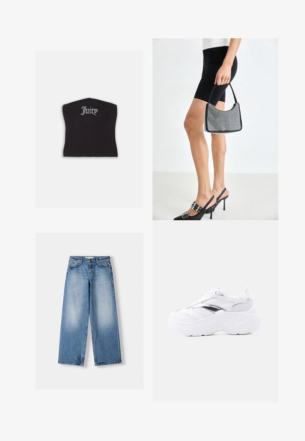 Sort tætsiddende crop top med en glat tekstur og en buet halsudskæring, udsmykket med rhinestones, der staver "Juicy" på forsiden.; Lysblå jeans med afslappet pasform, brede ben og slidte sektioner. Fremstillet af denim med klassisk fem-lommerdesign og lukning med en topknap.; Hvid chunky sneaker med mesh og læder øvre, tyk sål, metalisk sølvdetalje og "Karl Lagerfeld" branding på siden.; Sort perlehandtaske med en buet silhuet, bærehåndtag og blank overflade. Båret med højhælede sorte sko og tætsiddende sorte shorts.