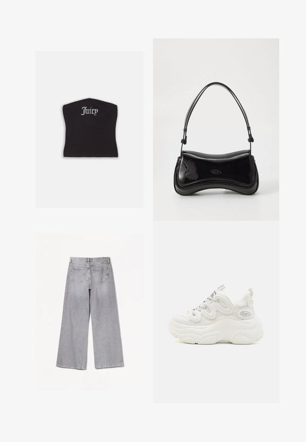 Sort tætsiddende crop top med en glat tekstur og en buet halsudskæring, udsmykket med rhinestones, der staver "Juicy" på forsiden.; Grå brede jeans med høj talje, der har en glat tekstur, to baglommer og subtile syninger.; Hvide chunky sneakers med overdel i mesh og syntetisk materiale, buet form, tekstureret sål og fremtrædende snøresystem med logo detaljer.; Sort patentlæder håndtaske med en buet form, et enkelt håndtag og en rund bund. Har en subtil logo-detalje på forsiden.