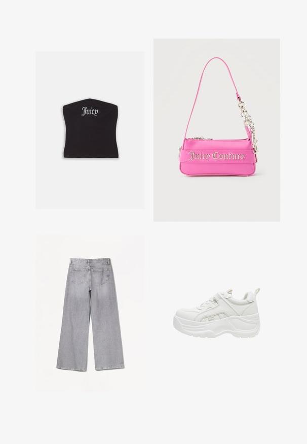 Sort tætsiddende crop top med en glat tekstur og en buet halsudskæring, udsmykket med rhinestones, der staver "Juicy" på forsiden.; Grå brede jeans med høj talje, der har en glat tekstur, to baglommer og subtile syninger.; Hvid chunky sneaker med tyk sål, snørelukning foran, polstret krave og trækstykke på hælen.; Lille lys pink Juicy Couture håndtaske med sølvkædedetalje og logotekst på forsiden, enkelt smalt skulderrem.