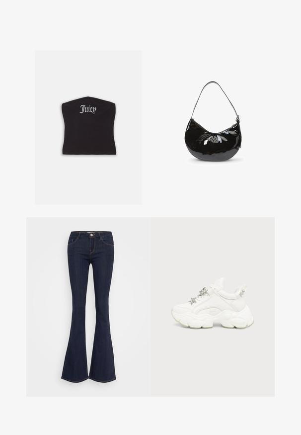 Čierny priliehavý crop top s hladkou textúrou a zakriveným výstrihom, ozdobený kamienkovým nápisom "Juicy" na prednej strane.; Tmavé denimové zvonové džínsy s priliehajúcim pásom, s predným zapínaním na gombík, päť vreckovým dizajnom a švom pozdĺž nohavíc.; Biele masívne tenisky s hrubou štruktúrovanou podrážkou, striebornou hviezdou a motýľovými ozdobami na bielych šnúrkach a striebornými cvočkami na pätovej záložke.; Čierna lakovaná kožená kabelka s oblým tvarom, s jedným ramenným popruhom, zipsovým uzáverom a ozdobným metalickým logom. Hladká textúra.