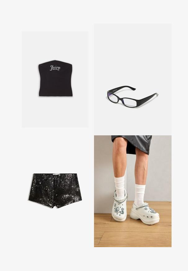Sort tætsiddende crop top med en glat tekstur og en buet halsudskæring, udsmykket med rhinestones, der staver "Juicy" på forsiden.; Sorte pailletshorts med en tætsiddende design. Har glitrende pailletter, glat tekstur og en taljeelastik for en sikker pasform.; Ben klædt i hvide sokker og hvide platformtræsko dekoreret med store rhinsten og perle-lignende perler på et trægulv.; Sorte rektangulære briller med klare linser. Blank finish, smalle stænger, og lilla nuance synlig i kanterne af linsen.