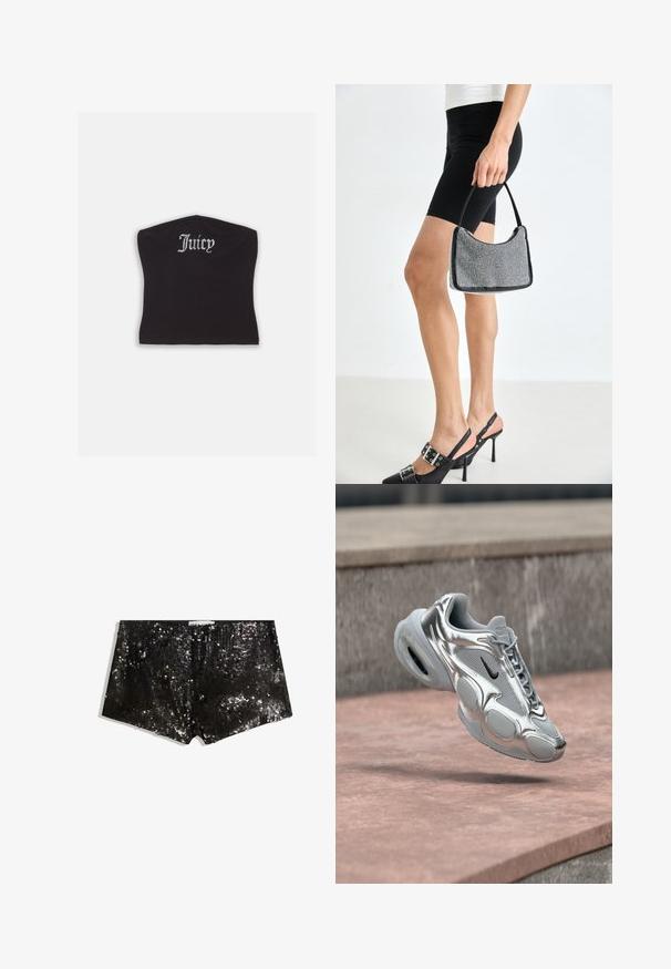 Zwarte fitted crop top met een gladde textuur en een ronde halslijn, versierd met strasstenen letters die "Juicy" op de voorkant spellen.; Zwarte pailletten shorts met een aansluitend ontwerp. Heeft glinsterende pailletten, een soepele textuur en een tailleband voor een beveiligde pasvorm.; Zilveren en grijze Nike Air-sneaker met zwarte swoosh die boven een rozeachtige betonnen ondergrond en stenen richel zweeft.; Zwarte beaded handtas met een gebogen silhouet, draaghandvat en glanzende textuur. Draagt bij hoge zwarte hakken en strakke zwarte shorts.
