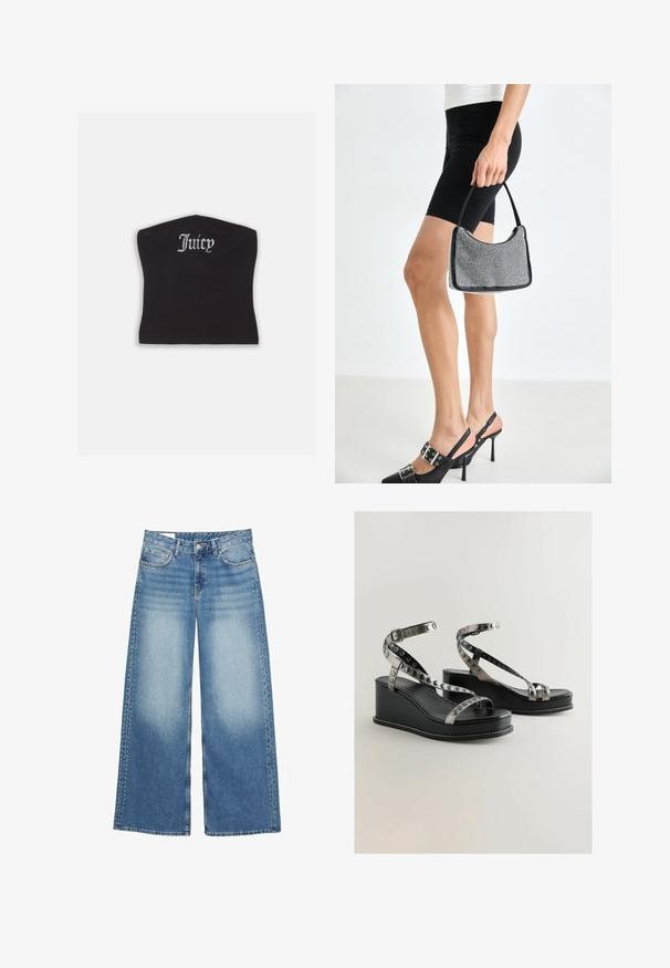 Čierny priliehavý crop top s hladkou textúrou a zakriveným výstrihom, ozdobený kamienkovým nápisom "Juicy" na prednej strane.; Svetlo modré široké džínsy vyrobené z denimu. Obsahujú vysoký pás, predné vrecká a dekoračné nitovanie pozdĺž vonkajších švov.; Čierne klinové sandále s metalickými strapcami a kruhovými výrezmi. Hladký kožený povrch s bielym prešívaním.; Čierna korálková kabelka s zakriveným siluetom, nosnou rukoväťou a lesklou textúrou. Nosená s vysokými čiernymi topánkami na opätku a priliehavými čiernymi šortkami.