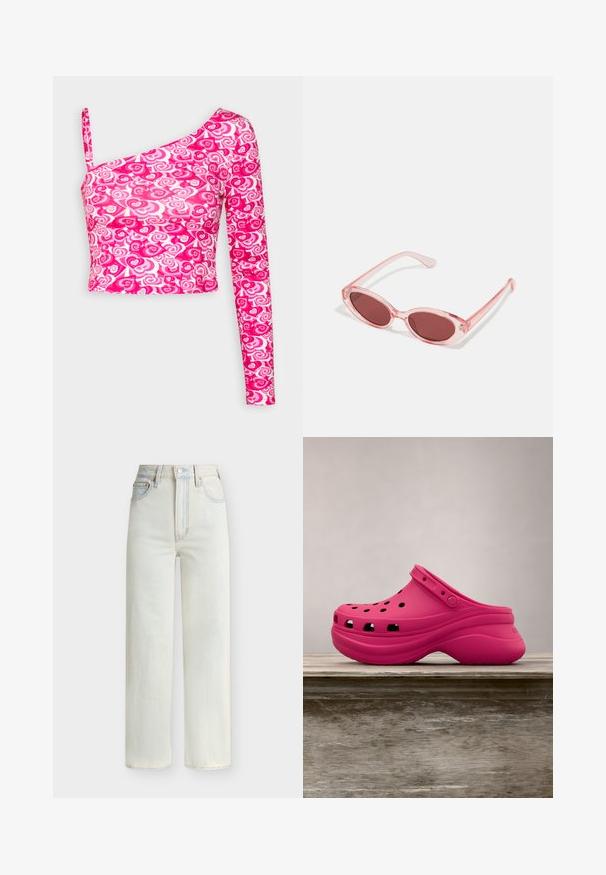 Even&Odd by Zalando Top s dlhým rukávom - pink; Džínsy s vysokým pásom a rovnými nohavicami v svetlomodrom prevedení s predným zapínaním na gombík, zipsom a piatimi vreckami.; Jasne ružové gumené klobúkové topánky s ventilačnými otvormi, zadným pásikom a zakrivenou platformou pre pohodlie. Elegantná a hladká textúra po celom povrchu.; Ružové priehľadné slnečné okuliare s oválnymi šošovkami, tmavočerveným tónovaním a štíhlymi ramenami, so hladkým povrchom a jemnými detailmi na ráme.