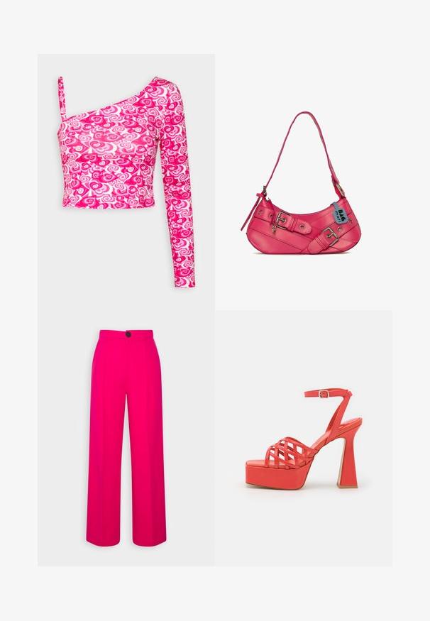 Even&Odd by Zalando Langærmet T-shirt - pink; Fuchsia brede bukser med høj talje, frontfald og en enkelt sort knaplukning. Glat tekstur og skræddersyet design.; Jeffrey Campbell MODEST - Højhælede sandaletter / Højhælede sandaler - coral; Pink læder håndtaske med en buet form, der har en justerbar skulderrem, to spænde-accenter og et lille blåt mærke hængende.