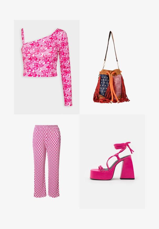 Even&Odd Langærmet T-shirt - pink; Lyserøde og hvide ternede bukser med elastisk talje, cropped længde og en let bølget kant. Fremstillet af let ribbet stof.; Chio Højhælede sandaletter / Højhælede sandaler - fresa; Bucket-taske med brun læderkant, marineblåt panel med sølvnitter, lyserødt tekstureret stof, rødt frynse og orange snørelukning.