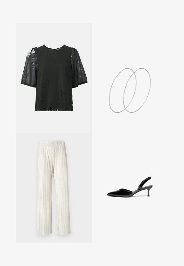 Blusa negra con mangas cortas de encaje transparente y patrones florales. El cuerpo tiene un acabado mate, mientras que las mangas añaden textura y contraste.; Pantalones de pierna ancha con pliegues en beige claro, con una cinturilla elástica. Fabricados con un tejido ligero con textura vertical en toda su superficie.; Tacones slingback de charol negro con punta afilada, tacón de aguja bajo y un diseño elegante y simple sin adornos.; Pendientes de aro plateados con un diseño minimalista. Forma circular, textura suave y perfil delgado. Livianos con un acabado pulido.