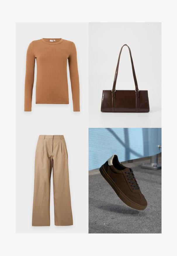 Top à manches longues côtelé de couleur brun chameau avec encolure ronde, présenté sur un fond gris clair uni.; Pantalon beige à jambes larges avec plis à l'avant, passants pour ceinture et fermeture frontale dissimulée, présenté sur un fond uni.; Baskets basses en daim marron avec des lacets noirs, présentant un capuchon de talon blanc et des détails de couture texturée. Semelle en caoutchouc.; Sac à main en cuir verni marron de forme rectangulaire, avec deux longues poignées et des accents courbés subtils à l'avant.