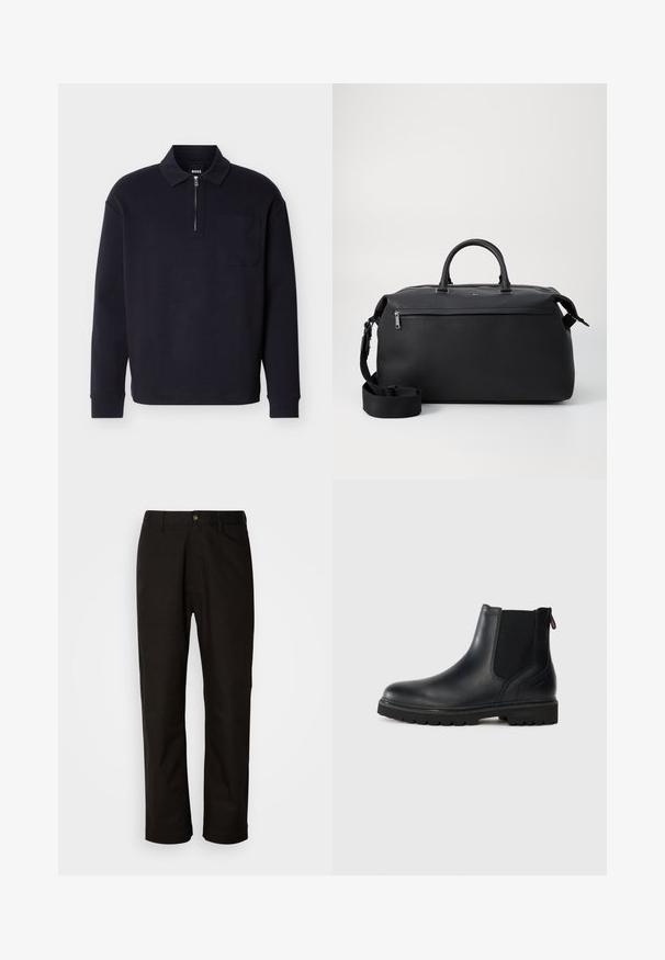 Polo noir à manches longues en tissu doux, doté d'une fermeture éclair au niveau du col, d'une poche poitrine et d'un col classique.; Pantalon en coton noir avec une coupe droite, des passants de ceinture, une fermeture éclair à l'avant et un seul bouton. Texture lisse sans motifs visibles.; Bottine noire en cuir avec des panneaux latéraux en élastique, bout rond et semelle en caoutchouc robuste avec de profonds crampons pour une meilleure adhérence.; Sac de voyage en cuir noir avec deux poignées supérieures, une bandoulière amovible et une poche avant zippée pour un espace de rangement supplémentaire.