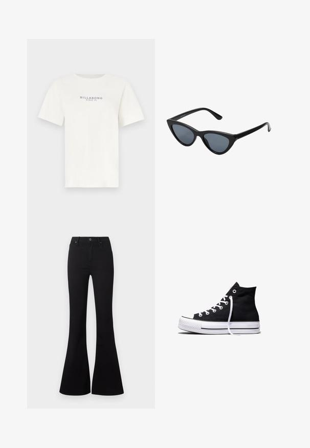 Weißes Baumwoll-T-Shirt mit kurzen Ärmeln und Rundhalsausschnitt, mit blauem Text "BILLABONG SINCE 73" mittig auf der Brust. Weiche, glatte Textur.; Schwarze High-Waist-Flare-Jeans mit Frontknopf und Taschen, auf weißem Hintergrund dargestellt.; Schwarzer High-Top-Canvas-Sneaker mit weißer Gummisohle und weißen Schnürsenkeln, seitlich dargestellt vor weißem Hintergrund.; Schwarze Cat-Eye-Sonnenbrille mit dunkelgrauen Gläsern, schlankem Kunststoffrahmen, spitzen Ecken und geraden Bügeln. Keine sichtbaren Befestigungen oder Akzente.
