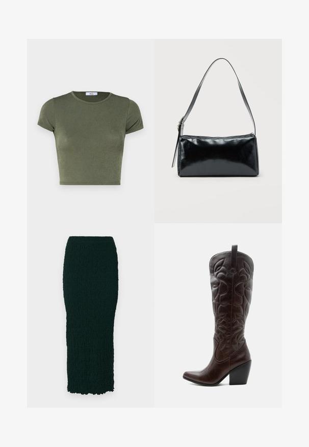 Oliven grøn kortærmet crop top med rund halsudskæring, lavet af tekstureret stof, med et tætsiddende design og minimale syninger.; Mørkegrøn, tekstureret, knælang nederdel med en tætsiddende silhuet og bølget kant. Materialet ser krøllet ud, men har en glat finish.; Høj mørkebrun læder cowboystøvle med syede dekorative mønstre, spids tå og stablet blokhæle.; Sort rektangulær skuldertaske med en enkelt justerbar rem og lynlås i toppen på en ensfarvet baggrund.