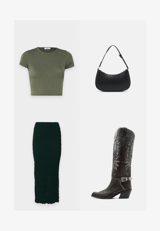 Olijfgroene korte mouwen crop top met een ronde hals, gemaakt van textuurstof, met een aansluitend ontwerp en minimalistische naden.; Donkergroene, textuurrijke, knie-lange rok met een getailleerd silhouet en golvende zoom. Het materiaal lijkt gekreukt en heeft een gladde afwerking.; Zwarte leren cowboylaars met decoratieve uitsnijdingen, zilveren gesp en schuine hak, weergegeven op een witte achtergrond.; Pieces PCALUANA SHOULDER BAG - Handtas - black
