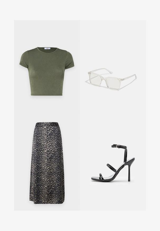 Olivengrünes kurzärmeliges Crop-Top mit rundem Ausschnitt, aus strukturiertem Stoff gefertigt, mit taillierter Passform und minimalen Nähten.; Ein Midikleid aus Leopardenmuster mit glattem Stoff, einer Schwarz-Beige-Farbkombination und einer geraden Silhouette mit einem Bund.; Schwarze Lackleder-High-Heel-Sandalen mit drei horizontalen Riemen und einem verstellbaren Knöchelriemen. Schlanke Silhouette und glänzende Oberfläche.; Klare, quadratische Kunststoffbrillen mit durchsichtigen Gläsern, die goldene Akzente an den Bügeln für zusätzliche Details aufweisen.
