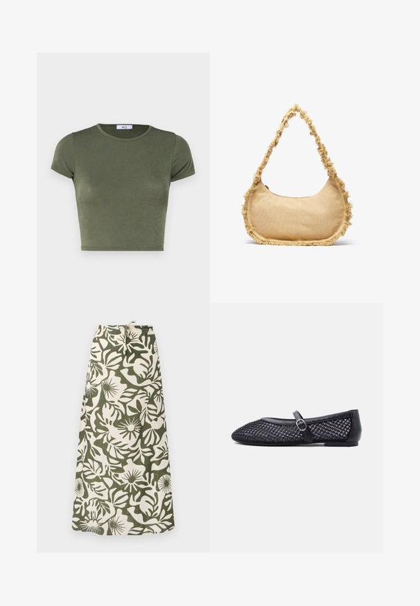 Oliven grøn kortærmet crop top med rund halsudskæring, lavet af tekstureret stof, med et tætsiddende design og minimale syninger.; Lang nederdel lavet af stof med et grønt og cremefarvet blomstermønster, med snoretræk i taljen og en blød, tekstureret finish.; Sort flad Mary Jane-sko med mesh-netdesign og en sølvspænde-rem over toppen, vist fra siden.; Struktureret beige taske med en rund form, frynset kant langs kanterne og en kort rem til at bære. Lynlåsåbning på toppen.