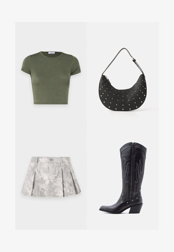 Oliven grøn kortærmet crop top med rund halsudskæring, lavet af tekstureret stof, med et tætsiddende design og minimale syninger.; Grå denimnederdel med plisseringer, med et subtilt bladmønster i lysere nuancer. Klassisk snit med taljebånd og metalknaplukning.; Sorte cowboystøvler i læder med spids tå, synlige sømme, sølvfarvede nitte-detaljer og lynlås på den indvendige side.; Sort læderhåndtaske med en buet form, prydet med sølvfarvede nitter, med lynlåslukning og et enkelt justerbart strop.