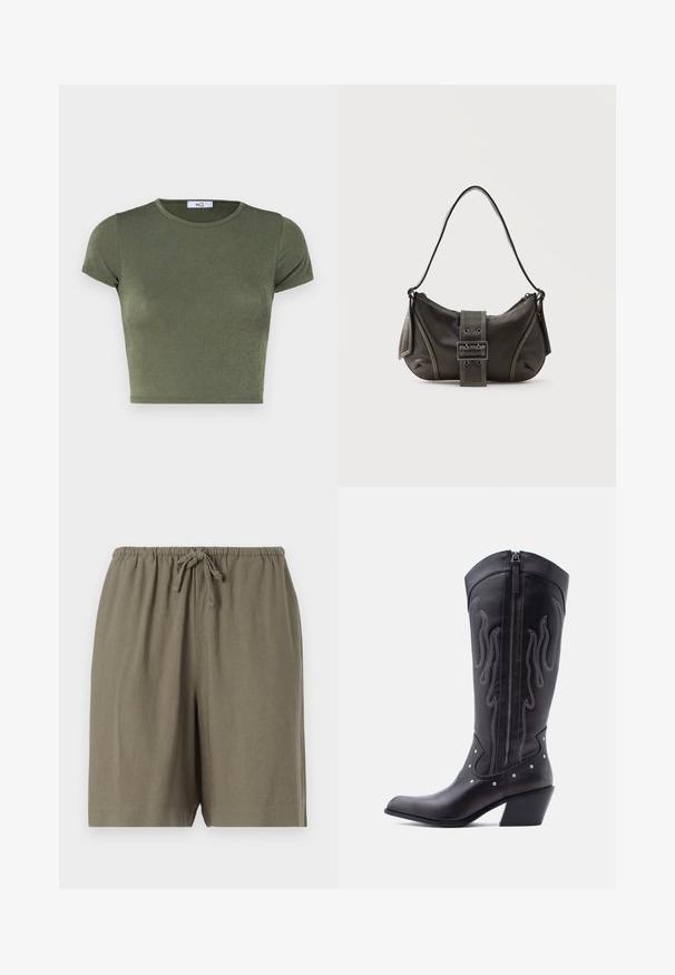 Crop top vert olive à manches courtes avec un col rond, réalisé en tissu texturé, présentant un design ajusté et des coutures minimales.; Shorts en khaki fabriqués en tissu léger. Ils disposent d'une taille élastique avec un cordon de serrage et d'une coupe décontractée. Design simple et monochrome.; Bottes de cow-boy en cuir noir avec bout pointu, coutures apparentes, ornements à clous argentés et fermeture éclair sur le côté intérieur.; Sac à épaule en cuir noir avec une sangle à boucle, des bords arrondis et des coutures blanches contrastées sur un fond uni.
