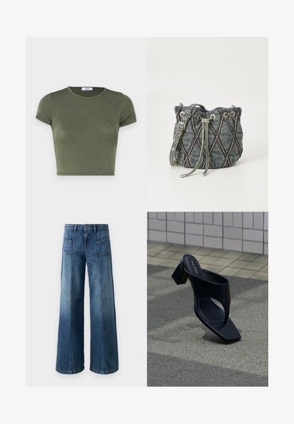 Olijfgroene korte mouwen crop top met een ronde hals, gemaakt van textuurstof, met een aansluitend ontwerp en minimalistische naden.; Wijd been jeans in een vervaagde blauwe denim. Voorzien van vijf zakken, een knoop- en ritssluiting, met zichtbare stiksels en een losse pasvorm.; Zwarte sandaal met hak, vierkante neus en brede band, geplaatst op grijs asfalt nabij betegelde muur.; Denim emmer tas met een diamant-quilt patroon, grijze trekkoordsluiting, zilveren hardware accenten en een zachte textuur, met een afneembare schouderband.