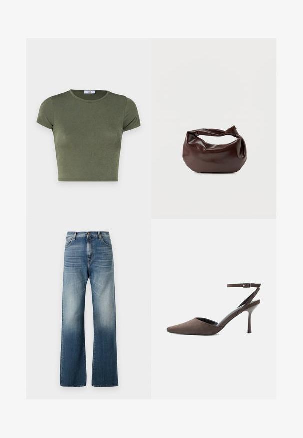 Olivengrünes kurzärmeliges Crop-Top mit rundem Ausschnitt, aus strukturiertem Stoff gefertigt, mit taillierter Passform und minimalen Nähten.; Weite blaue Denim-Jeans mit einem ausgewaschenen Finish, ausgestattet mit einem Knopfverschluss und traditionellem Fünf-Taschen-Design. Glatte Textur über das gesamte Material.; Brauner Veloursleder-Pumps mit spitz zulaufender Spitze, dünnem Knöchelriemen und silberner Schnalle vor weißem Hintergrund.; Dunkelbraune Lederschultertasche mit weicher, lockerer Form und einem gedrehten Knotengriff vor schlichtem weißem Hintergrund.