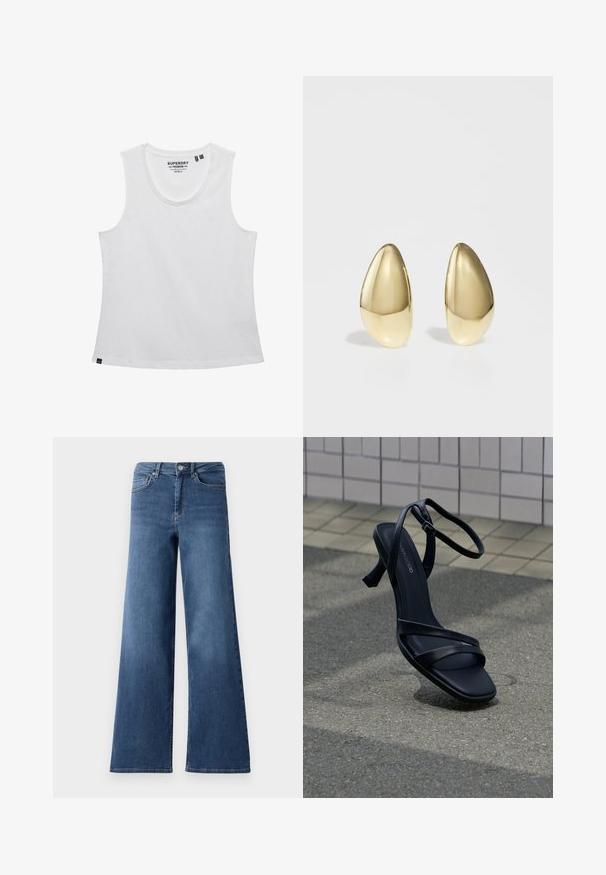 Hvid ærmeløs tanktop med rund halsudskæring, Superdry mærke inde i kraven og lille sort mærkat ved nederste kant.; Bredde ben blå denimjeans med en standard talje, forlommer og en glat tekstur. Ingen synlige mønstre eller udsmykninger.; Sort højhælet sandal med stropper og ankelspænde, der svæver over tekstureret gråt fortov med flisebelagt væg i baggrunden.; By Pariah SCULPTURAL EARRINGS - Øreringe - gold-coloured