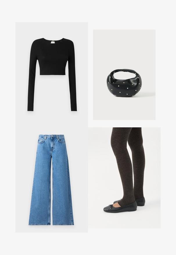 Top corto negro de manga larga hecho de tela de canalé. Presenta un escote redondo y una pequeña abertura en forma de llave en la parte posterior con un zipper.; Jeans de mezclilla azul de pierna ancha con una cintura alta, que presentan un diseño clásico de cinco bolsillos y costuras a lo largo de los lados para un detalle adicional.; Piernas con leggings oscuros acanalados combinados con bailarinas negras que presentan pequeños detalles de lazo sobre un fondo blanco.; Bolso de mano de cuero negro con forma redondeada, decorado con detalles de tachuelas plateadas y un asa corta. Textura lisa y cierre con cremallera.