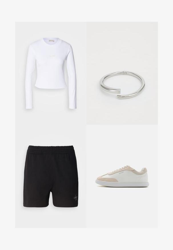 Witte lange mouwen crop top met een subtiele Calvin Klein-logo in het midden, afgebeeld tegen een lichtgrijze achtergrond.; Zwarte katoenen shorts met een elastische tailleband en het Calvin Klein-logo in zilver in de rechteronderhoek. Gladde textuur.; Witte leren sneakers met beige suède accenten en witte veters. Beschikt over een ronde neus en een gevoerde zool voor comfort.; Calvin Klein SPIRAL - Armband - silver-coloured