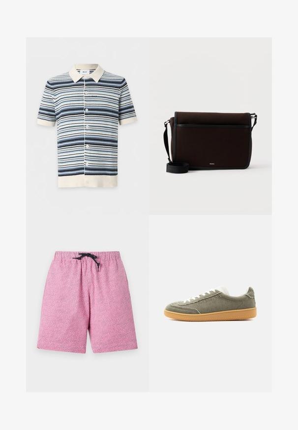 Chemise à manches courtes avec boutons, col et ourlet crème, présentant des rayures horizontales dans différentes nuances de bleu, noir et blanc.; Shorts de bain roses à motifs avec une taille élastique et un cordon noir. Le matériau semble léger avec une surface texturée.; Baskets basses décontractées avec dessus en tissu vert olive, lacets blancs, col rembourré et semelle en gomme, présentées sur un fond uni.; Sac messager en tissu brun foncé avec une sangle noire ajustable et un petit logo argenté "BOSS" sur le rabat avant.