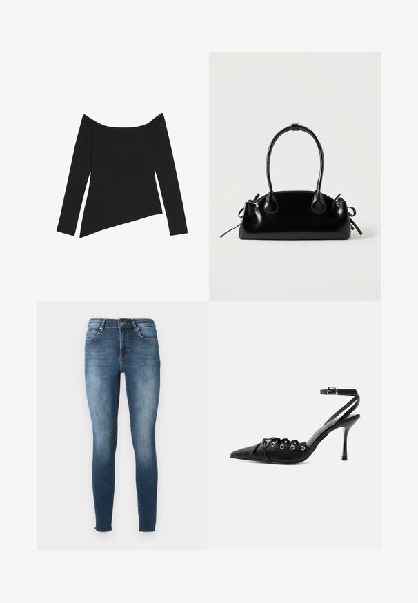 Haut noir à manches longues et épaules dénudées avec une texture côtelée et unOurlet asymétrique, mettant en valeur un design ajusté et un tissu doux.; Jean skinny en denim bleu foncé. Caractéristiques : taille mi-haute, design à cinq poches et décoloration subtile. L'ourlet a une finition brut.; Chaussure à talon haut noire à bout pointu, bords festonnés, œillets métalliques, lacets à l'avant et bride de cheville avec fermeture à boucle.; Petit sac à main noir brillant avec deux longues anses et des détails à cordon sur les côtés sur un fond clair uni.