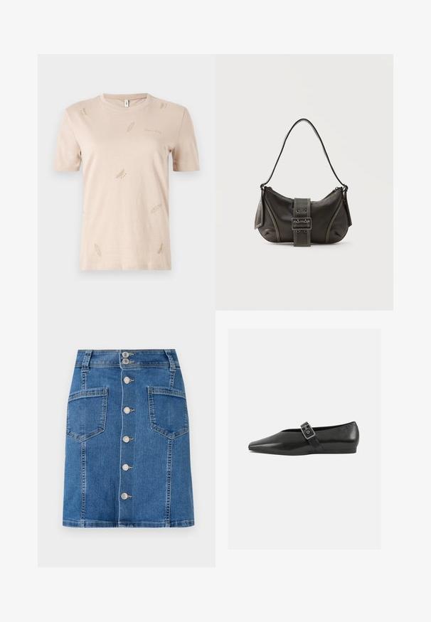 T-shirt en coton beige avec col rond. Présente de petits motifs discrets en forme de plumes dans une teinte plus claire. Manches courtes, coupe classique.; Jupe en denim avec une taille ajustée, en forme de A, et une fermeture à boutons sur le devant. Présente deux grandes poches, dans un délavage bleu moyen avec un léger effet de décoloration.; Chaussure plate en cuir noir avec un orteil pointu, présentant une sangle à boucle métallique sur le cou-de-pied et une semelle basse et flexible.; Sac à épaule en cuir noir avec une sangle à boucle, des bords arrondis et des coutures blanches contrastées sur un fond uni.