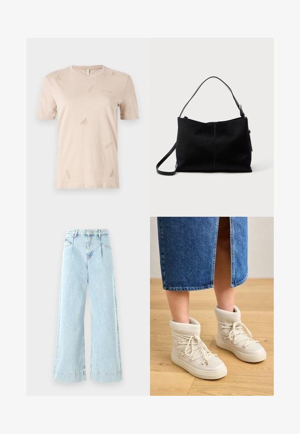 Beige bomulds T-shirt med rund hals. Har små, subtile fjer mønstre i en lysere nuance. Korte ærmer, almindelig pasform.; Lyseblå vidbenede jeans lavet af denim, med høj talje, forlommer og syede detaljer ved kanten.; Beige ankelstøvler med en blød, strikket kant og hvide snørebånd. Sålen er tyk og struktureret, parret med en blå denimnederdel.; Sort skuldertaske med en glat, tekstureret overflade, prydet med en enkelt rem og en lynlåslukning øverst. Kompakt rektangulær form.