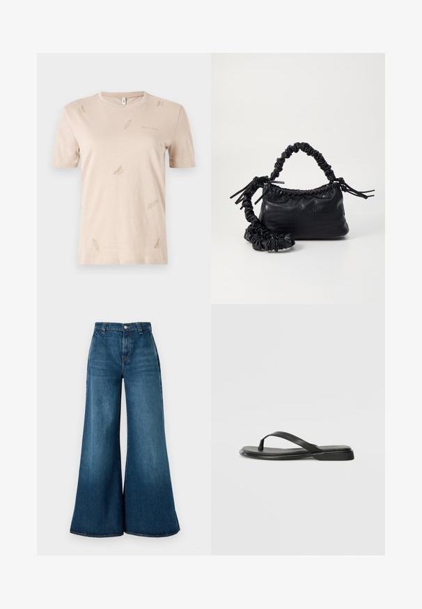 Beige bomulds T-shirt med rund hals. Har små, subtile fjer mønstre i en lysere nuance. Korte ærmer, almindelig pasform.; Bredde ben denim jeans i mørkeblå vask, med høj talje, frontknaplukning og klassisk fem-lomme design. Glat tekstur.; Sorte flip-flops lavet af glat læder, med et tyndt remdesign og en flad sål med et minimalt profil. Ingen bemærkelsesværdige mønstre eller accenter.; Sort kunstlæder håndtaske med krokodilteksur, indsnøret top og en sammenkrøben rem. Ser blød og kompakt ud i designet.