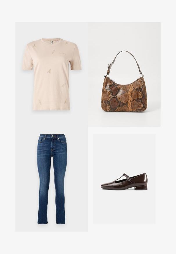 Beige katoen T-shirt met een ronde hals. Heeft kleine, subtiele veerpatteren in een lichtere tint. Korte mouwen, reguliere pasvorm.; Donkerblauwe skinny jeans van denim, met een standaard tailleband, zijzakken en subtiele stikseldetails.; Bruine lakleren Mary Jane-schoenen met een afgeronde neus, een uitgesneden ontwerp en een verstelbare riem. Lage blokhak.; Kleine handtas met een bruin en zwart slangenprintpatroon, korte verstelbare schouderriem en ritssluiting.