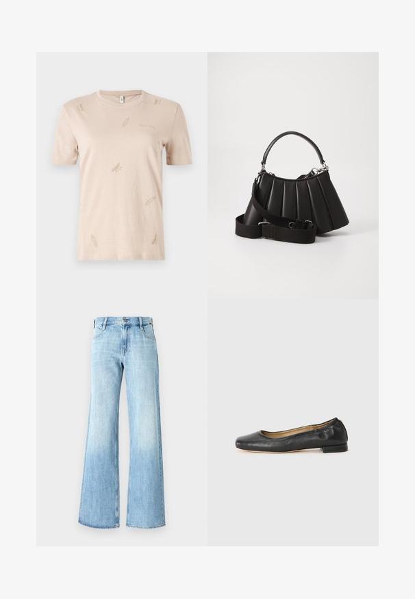 Beige Baumwoll-T-Shirt mit Rundhalsausschnitt. verfügt über kleine, dezente Feder-Muster in einem helleren Farbton. Kurze Ärmel, normale Passform.; Helle blaue Denim-Jeans mit weitem Bein, hoch geschnitten, klassischer Fünf-Taschen-Design und Knopfverschluss, mit einer leichten Ausbleichung nahe dem Saum.; Schwarz Leder Ballerinas mit runder Zehenpartie und minimaler Naht. Niedriger, rechteckiger Absatz und glatte Textur. Dezente Innenfutterdetails.; Schwarze, gefaltete Handtasche mit einem runden Griff, verstellbarem Schulterriemen und glänzender Textur. Verfügt über silberne Hardware und eine strukturierte Silhouette.