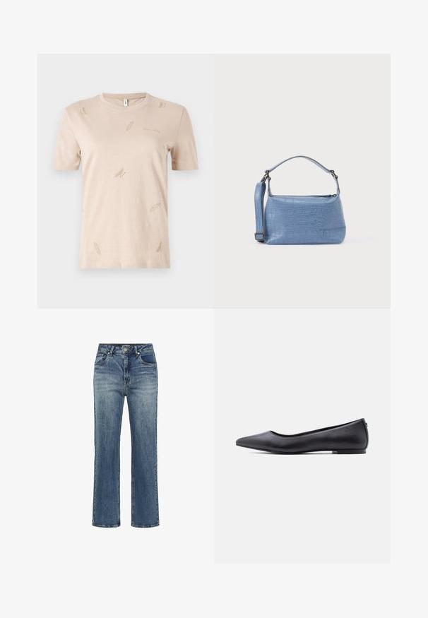 T-shirt en coton beige avec col rond. Présente de petits motifs discrets en forme de plumes dans une teinte plus claire. Manches courtes, coupe classique.; Jean droit en denim bleu avec taille haute, fermeture boutons, et poches avant, présentant un léger effet délavé et de subtils détails whiskering.; Chaussure plate en cuir noire à bout pointu avec petit talon, vue de profil sur fond blanc.; Sac à main bleu clair embossé façon crocodile avec une poignée courte et une bandoulière amovible. Texture lisse avec une fermeture éclair.