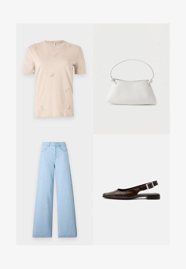 Beige bomulds T-shirt med rund hals. Har små, subtile fjer mønstre i en lysere nuance. Korte ærmer, almindelig pasform.; Lysblå bredbenede jeans lavet af denim, med høj talje, forlommer og rene sømme med minimal syning.; Mørkebrun læderslingback flad sko med firkantet tå, krokodille tekstur og sølvspænde på remmen.; Hvid fletlæderhåndtaske med afrundet håndtag og ender på remmen, der er knyttet, vist mod en ensfarvet baggrund.
