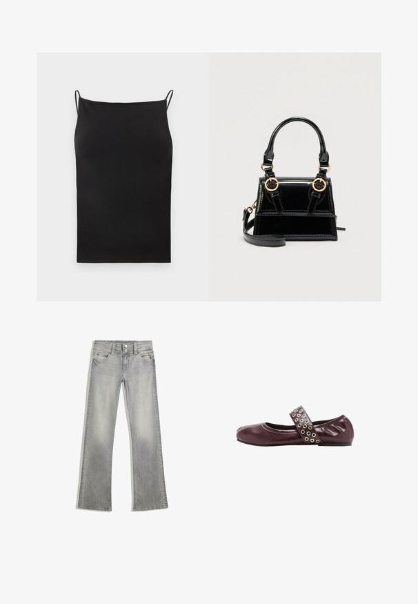 Zwarte geribbelde tanktop met dunne spaghettibandjes en een rechte halslijn, afgebeeld tegen een effen witte achtergrond.; Grijze denim flared jeans met een vervaagde afwerking, voorzien van een knoopsluiting, vijf zakken en gestikte details langs de tailleband en zoom.; Bordeaux leren ballerina met een ronde neus, elastische band met zilveren oogjes, en een zachte, geplooide hak voor extra comfort.; Zwarte handtas van lakleer met gouden accenten, dubbele handvatten aan de bovenkant en een verstelbare schouderband. Gestructureerd ontwerp met accentstiksels.