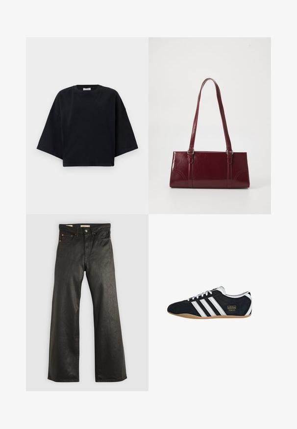 Sort bomulds oversized t-shirt med rund halsudskæring, sænkede skuldre og korte, brede ærmer, der har et enkelt, sømløst design.; Sorte denim bukser med brede ben og en glat tekstur, der har fem lommer og detaljer i kobberfarvet metal. Klassisk knaplukning.; Sort ruskinds sneaker med hvide tre striber, guldlogo og en brun gummisål. Har et lavprofil snørebåndsdesign.; Bordeaux håndtaske lavet af glansfuldt materiale, rektangulær form, med to skulderremme og subtile buede detaljer på forsiden.