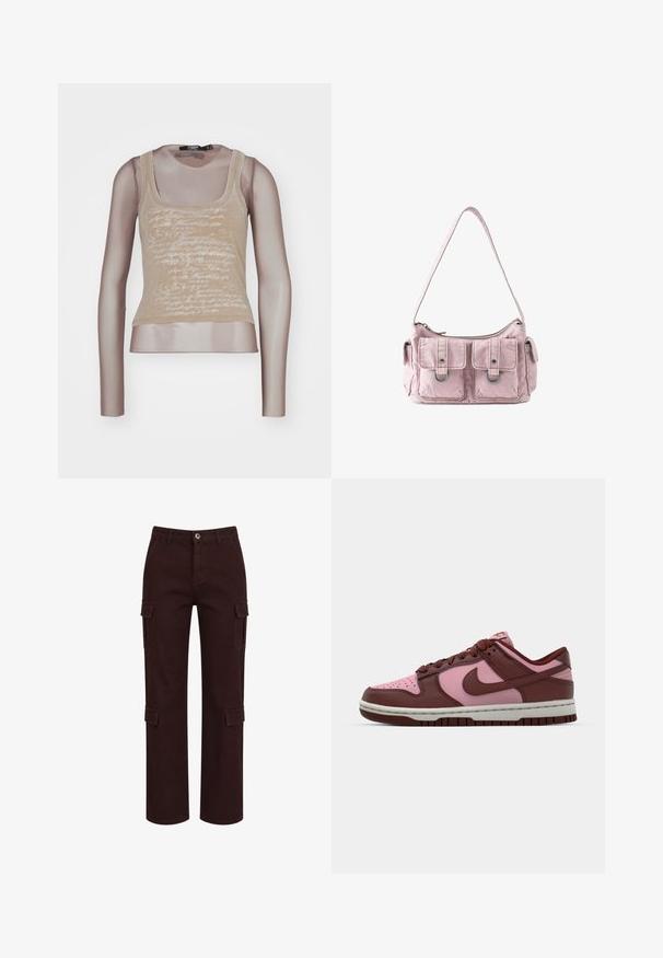 Beige ärmelloses Top kombiniert mit langen Mesh-Ärmeln; verfügt über einen weißen Schriftzug auf der Vorderseite, einen runden Ausschnitt und eine taillierte Silhouette.; Dunkelbraune Cargo-Hose mit geradem Bein, Frontknopf, Gürtelschlaufen, seitlichen Klapptaschen und Gesäßtaschen auf weißem Hintergrund.; Nike Dunk Sneakers mit einem pinken und braunen Lederdesign, niedriger Form, einer strukturierten Sohle und passenden Schnürsenkeln.; Kleine rosa Stoff-Umhängetasche mit zwei Vordertaschen, jeweils mit Klappe und Metallring gesichert, und einem oberen Reißverschluss.