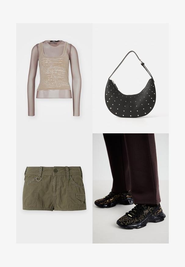 Beige tanktop gecombineerd met lange mesh mouwen; beschikt over een witte tekstprint aan de voorkant, ronde halslijn en een aansluitende pasvorm.; Olijfgroene shorts van een lichtgewicht stof, met een tailleband met metalen accenten en zijzakken. Gestructureerd oppervlak met stikseldetails.; Zwarte sneakers met gouden spikkels, een gestructureerd oppervlak en een stevige zwarte zool. Gekoppeld aan bruine sweatpants met een slim-fit ontwerp.; Zwarte leren handtas met een gebogen vorm, versierd met zilveren studs, voorzien van een ritssluiting en een enkele verstelbare schouderband.