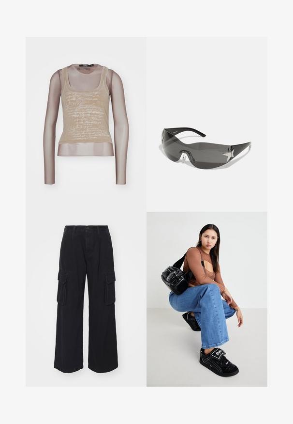 Débardeur beige associé à des manches longues en maille ; présente une impression en écriture blanche sur le devant, un col rond et une silhouette ajustée.; Pantalons cargo noirs fabriqués dans un tissu durable, dotés de jambes larges, de multiples poches latérales et d'une fermeture à bouton classique à la taille.; Sac bandoulière noir avec plusieurs poches zippées, haut à manches longues marron avec un design découpé, et jeans larges bleus avec des bords effilochés.; Lunettes de soleil noires avec un design enveloppant, verres teintés foncés, accents brillants en forme d'étoile et plaquettes de nez ajustables.