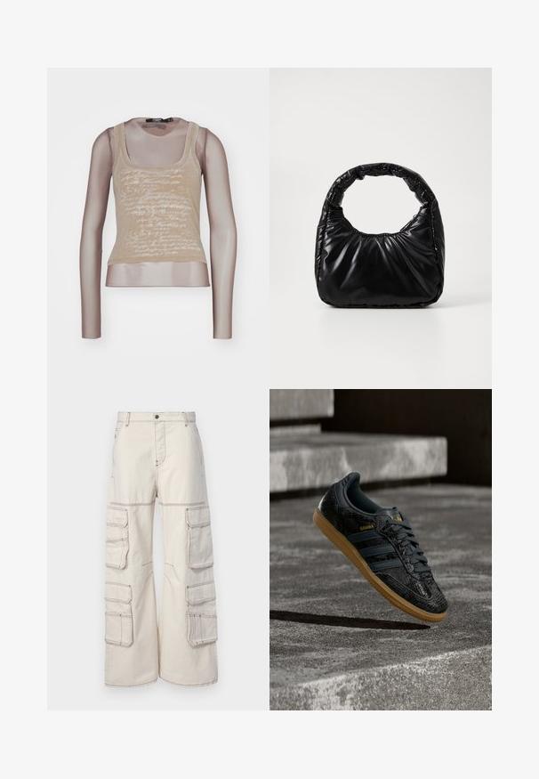 Beige tanktop gecombineerd met lange mesh mouwen; beschikt over een witte tekstprint aan de voorkant, ronde halslijn en een aansluitende pasvorm.; Beige cargobroek van duurzaam materiaal, met meerdere zijzakken en contrasterende stiksels, een wijde pasvorm en een knoopsluiting.; Zwarte Adidas Samba sneaker met een gestructureerd patroon, gumzool en gouden logo, zwevend boven betonnen trappen.; Zwarte gevoerde handtas met een ronde handgreep, met een gladde, glanzende oppervlakte en een zachte, gewatteerde textuur. Geen zichtbare metalen onderdelen of accenten.