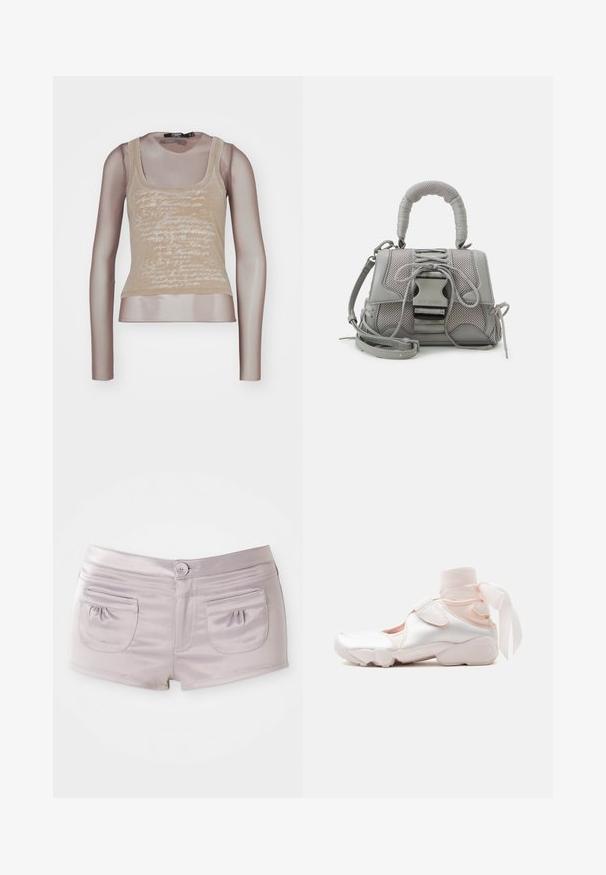 Débardeur beige associé à des manches longues en maille ; présente une impression en écriture blanche sur le devant, un col rond et une silhouette ajustée.; Shorts violet clair en tissu lisse et brillant, avec deux poches à l'arrière et une fermeture à bouton à l'avant avec une taille plate.; Baskets blanches et rose pâle avec un tour de cheville en tissu doux attaché en nœud, avec une bride ajustable et une semelle arrondie.; Sac à main gris texturé avec une poignée rembourrée, des accents en maille, une bandoulière ajustable et un fermoir à l'avant. Design compact avec une forme arrondie.